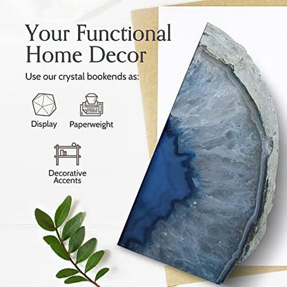 Nature's Decorations Agate Bookends - A Quality Blue Geode with Non-Skid Rubber Bumpers for Shelves, Office, Home Decor - Heavy Duty Cool Crystal Stone (6-8 LB)