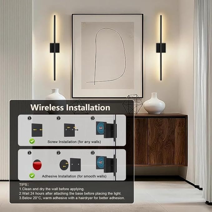 Battery Operated Wall Sconces Set of Two - Wireless Rechargeable Wall Light with Remote - Black LED Wall Lamp Dimmable Modern Home Decor for Bedroom Living Room 31.5 Inch (2 Pack)