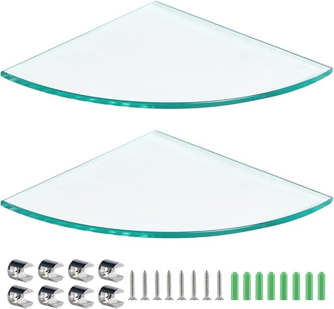 2 Pcs Tempered Glass Corner Shelf with 8 Brackets, 11.5" x 11.5" Floating Shower Caddy, Wall Mounted Shampoo Holder Organizer for Bathroom, Kitchen, Living Room