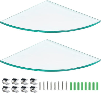 2 Pcs Tempered Glass Corner Shelf with 8 Brackets, 11.5" x 11.5" Floating Shower Caddy, Wall Mounted Shampoo Holder Organizer for Bathroom, Kitchen, Living Room