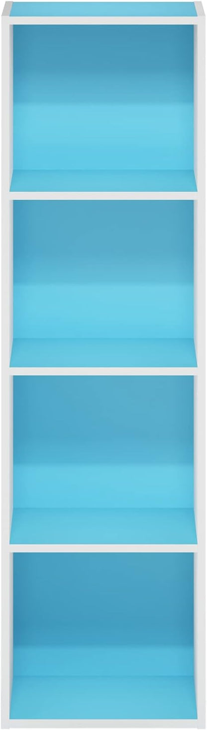 Furinno PASIR Book Shelf, 4-Tier Modern Bookshelf, Open Shelves Bookcase 9 x 12 x 42, for Living Room, Bedroom, Home Office, Light Blue/White