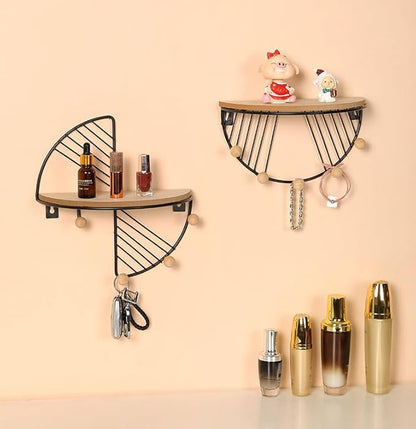 JUNY Semi-Circular Shape Floating Shelves Metal Wall Decor,Wood Wall Mounted Storage Shelf Home Decorations Art for Bedroom Living Room Kitchen Bathroom (Semicircular-Gold)