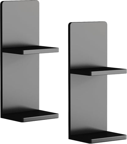 Floating Wall Shelves Set of 2, Black Solid Wood Double Layer Wall Mounted Shelf, 20 x 8 x 6 Inches, Modern Storage for Bedroom, Bathroom, Kitchen, Home Decor, Plants & Cosmetics