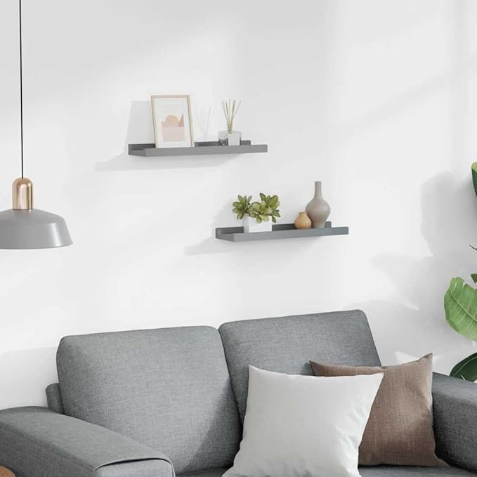 Gray MDF Floating Frame Ledge Shelf Set of 2, Modern U-Shaped Wall Mounted Shelves for Displaying Photos Artwork Decor