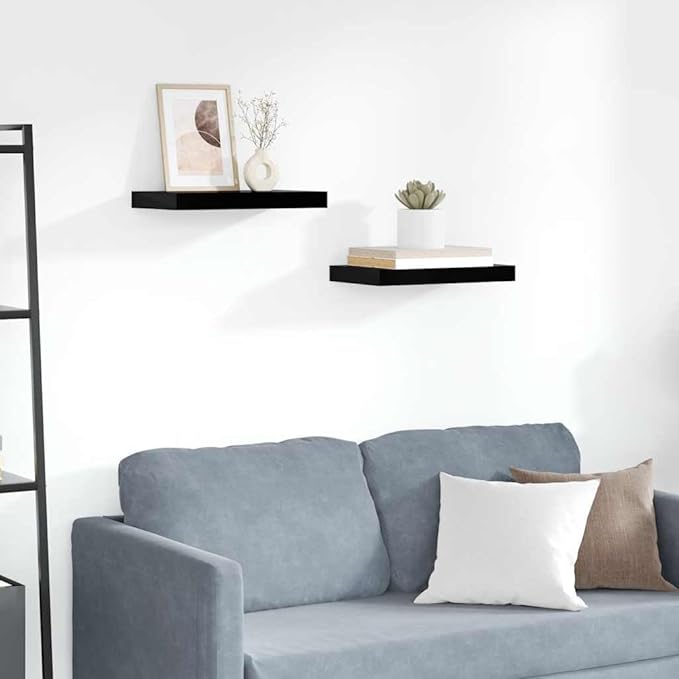High Gloss Black Honeycomb MDF Floating Wall Shelf Set of 2 with Metal Frame for Modern Home Decor and Functional Storage