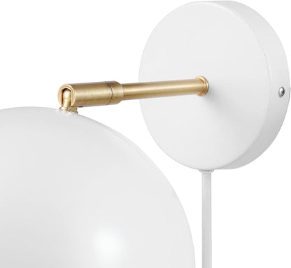 Globe Electric 52077 1-Light Plug-in or Hardwire Wall Sconce, Matte White, Brass Accent Arm, Modern Wall Light for Apartments or Renters, Bedroom, Dining or Living Room Lighting, Home Decor