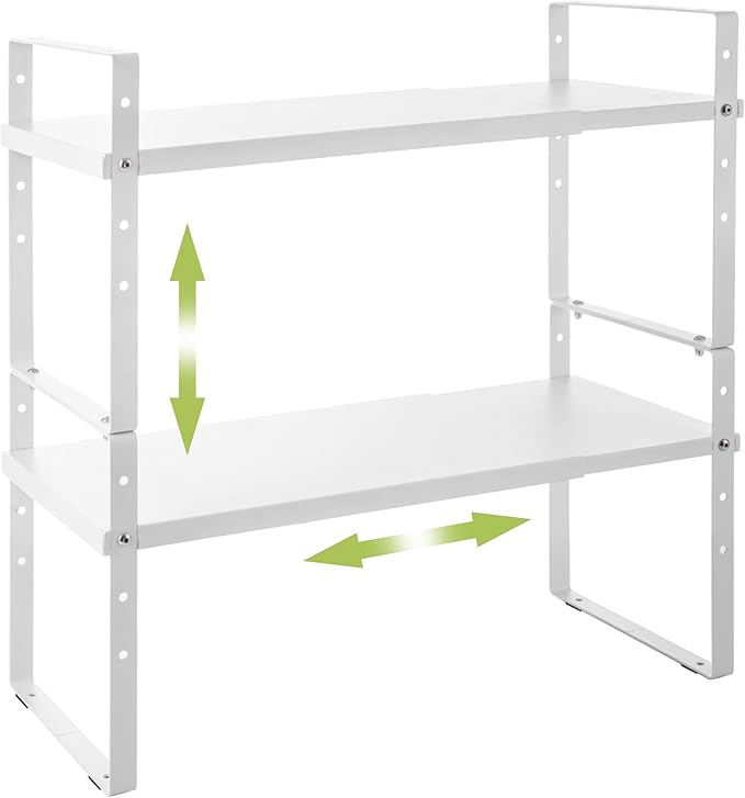 Expandable Cabinet Shelf Organizer Rack, Stackable Kitchen Counter Storage Shelves Stand, Adjustable Height Pantry Shelf Spice Rack