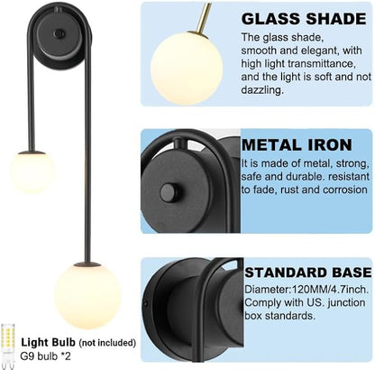 Black Wall Sconce Mid Century Black Wall Lamp Modern U-Shape Linear Wall Light with White Milk Glass Shade Wall Lamp for Bedside Dining Room Bathroom,G9 Bulb