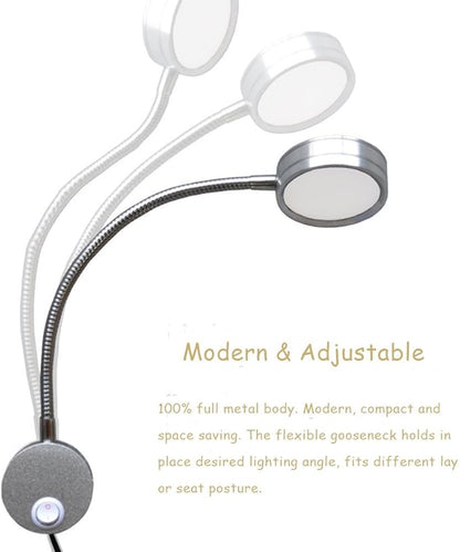 Youngine 5W Plug Wired Flexible Gooseneck Wall Sconce Reading Lamp Art Works Show Accent Light Wall Mount Spot Lamp Fixture with On/off Switch (Round Silver-Warm White)