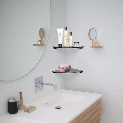 Cosmos 2 Pcs Acrylic Wall Mount Floating Corner Shelves Quarter Round Shower Shelf Hanging Corner Shelves Wall Storage Display Organizer for Bathroom Kitchen Bedroom Living Room (Solid Black)
