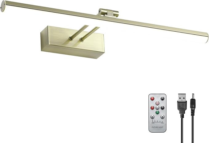 Picture Light,Battery Operated Picture Light with Remote, 16" Metal Art Light for Paintings,Rechargeable Display Lighting of Wall,Portrait,Gallery,Artwork(Antique Brass)