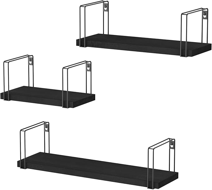 SRIWATANA Black Floating Shelves Wall Mount Set of 3, Hanging Wall Shelves, 17 Inch Rustic Wood Shelves for Decor, Bedroom, Bathroom, Laundry Room, Living Room, Kitchen, Office - Black