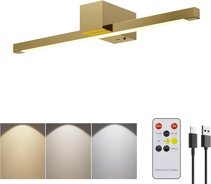 Picture Lights for Wall,Battery Operated Art Light,16in Gallery Light for Paintings,3CCT Dimmable,Metal Finish Recharging Battery Wall Light with Remote Control for Living Room Gallery(Gold)