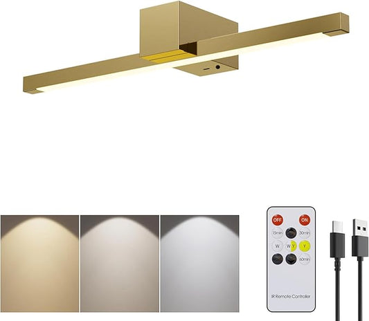 Picture Lights for Wall,Battery Operated Art Light,16in Gallery Light for Paintings,3CCT Dimmable,Metal Finish Recharging Battery Wall Light with Remote Control for Living Room Gallery(Gold)