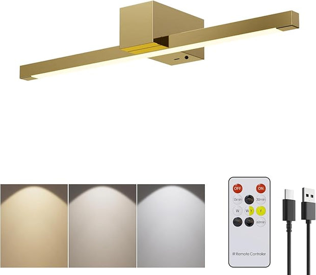 Picture Lights for Wall,Battery Operated Art Light,16in Gallery Light for Paintings,3CCT Dimmable,Metal Finish Recharging Battery Wall Light with Remote Control for Living Room Gallery(Gold)