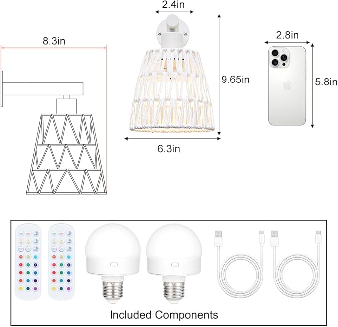 White Battery Operated Wall Sconce Set of 2, Boho Rattan Rechargeable Wall Lights with Dimmable Bulbs and Remote,15 Colors Wireless Wall Lamps for Bedroom Living Room Hallway Decor