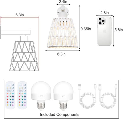 White Battery Operated Wall Sconce Set of 2, Boho Rattan Rechargeable Wall Lights with Dimmable Bulbs and Remote,15 Colors Wireless Wall Lamps for Bedroom Living Room Hallway Decor