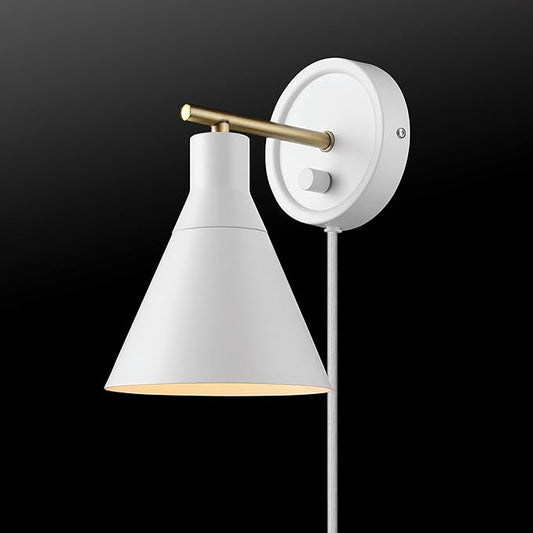 Globe Electric 65542 1-Light Plug-in or Hardwire Wall Sconce, Matte White, Brass Accent, Stepless Dimming Rotary Switch, Fabric Cord, Modern Lighting for Apartment or Renters, Home Decor