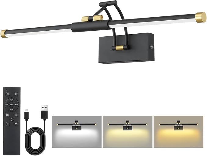 24“ Picture Lights for Wall, 8000mAh Rechargeable Wireless Picture Light with Remote, LED Wall Lights 3000K/4000K/6000K Dimmable, Art Lighting for Paintings Frame Gallery Dartboard, Black Gold