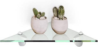 Fab Glass and Mirror Triangular Corner Glass Shelf, 6" X 6" Inches, Clear 3/8 Thick Tempered Glass with Flat Polished Edge-‎Easy Installation with Screws, and Peacock Chrome Finish Brackets