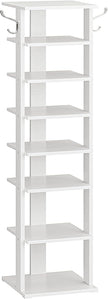 HOOBRO 8 Tiers Vertical Shoe Rack, Wooden Shoe Storage Organizer with Hooks, Narrow Shoe Tower for 8 Pairs, Space Saving, for Entryway, Living Room, Bedroom, White WT07XJ01G1