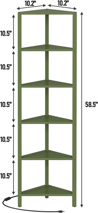 TUTOTAK Corner Shelf with LED Light, 6-Tier Corner Bookshelf for Small Space, Narrow Display Corner Shelf Stand with Storage Rack, for Living Room, Bedroom, Olive Green BS05BOG006L