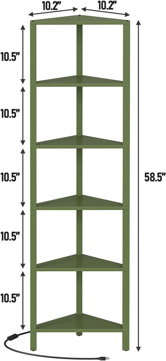 TUTOTAK Corner Shelf with LED Light, 6-Tier Corner Bookshelf for Small Space, Narrow Display Corner Shelf Stand with Storage Rack, for Living Room, Bedroom, Olive Green BS05BOG006L