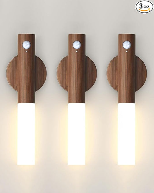 Battery-Operated Motion Sensor Night Lights: 2200mAh Rechargeable Wall Sconces Magnetic Wall Lights Wireless Stairway Lights Portable Hallway Light Wooden Wall Lighting for Bedroom Stair Picture