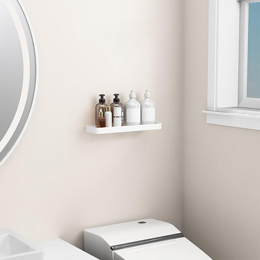 Danpoo 16-Inch Wall Shelf, Clear Tempered Glass with Matte White Aluminum Frame – Sleek Floating Bathroom Organizer