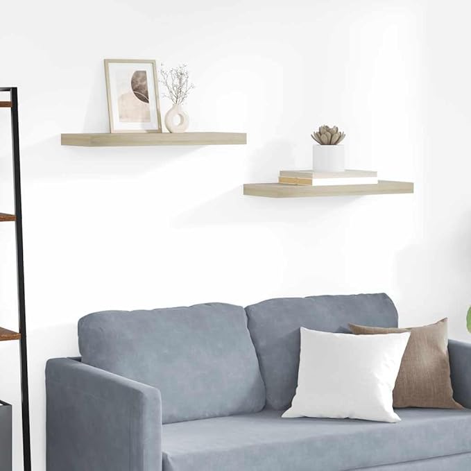 Set of 2 Oak Floating Wall Shelves with Honeycomb MDF and Metal Brackets, Minimalist Modern Display Storage for Living Room Bedroom Office