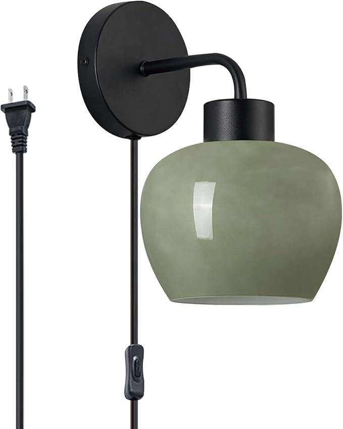 Modern Wall Sconces - Olive Green Milk Glass Plug-in Wall Lamp with Matte Black Finish, Industrial Boho Lighting for Bedroom, Living Room