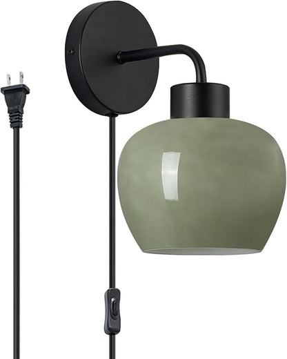 Modern Wall Sconces - Olive Green Milk Glass Plug-in Wall Lamp with Matte Black Finish, Industrial Boho Lighting for Bedroom, Living Room
