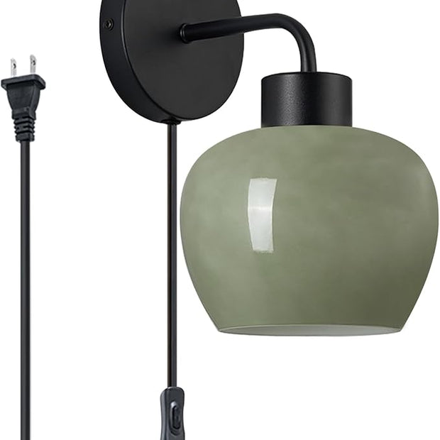 Modern Wall Sconces - Olive Green Milk Glass Plug-in Wall Lamp with Matte Black Finish, Industrial Boho Lighting for Bedroom, Living Room