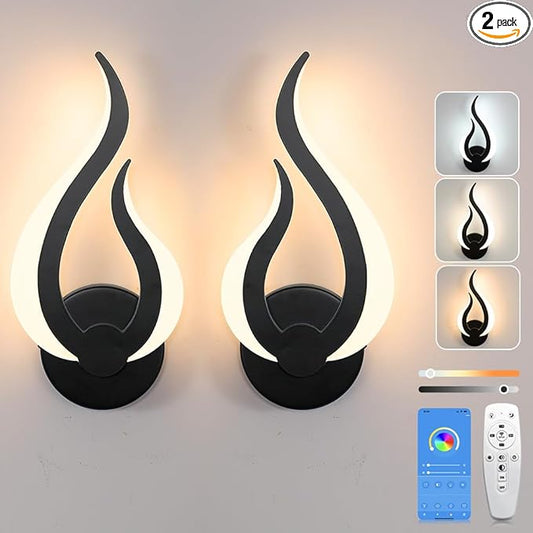 Modern Wall Sconce Set of 2, Wall Light Hardwired with 2.4G Remote Control, 10W LED Black Wall Mounted Lights, 3000K-6000K Dimmable, LED Wall Lights for Living Room Bedroom Hallway Bedside
