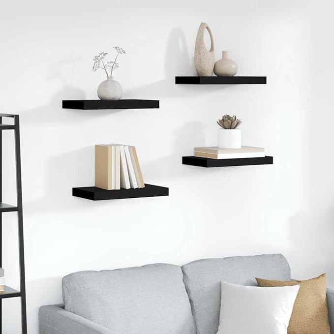 Wall Shelf Set of 4 Black Honeycomb MDF Metal Small Floating Shelves for Modern Home Decor, Space Saving Storage Solution for Living Room or Bedroom
