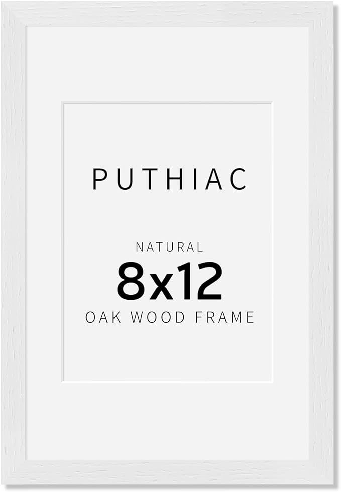 puthiac 8x12 Solid Oak Wood Picture Frame, Fits 6x8 with Mat or 8x12 Without Mat, Wall or Tabletop Display with Stand, Vertical or Horizontal, Plexi Front, 1 Pack, White