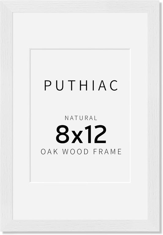 puthiac 8x12 Solid Oak Wood Picture Frame, Fits 6x8 with Mat or 8x12 Without Mat, Wall or Tabletop Display with Stand, Vertical or Horizontal, Plexi Front, 1 Pack, White