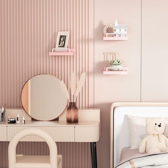Small Floating Shelf, 6X6 Inches Farmhouse Wall Shelves for Living Room, Bedroom, Picture Frames, Plants, Kitchen, Set of 3 (Pink and White)