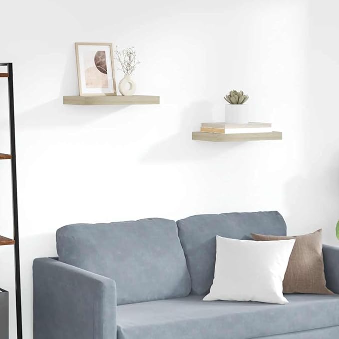 Set of 2 Oak Honeycomb Floating Wall Shelves, Modern MDF and Metal Storage, 15.7 x 9.1 x 1.5 Inches, Invisible Mounting System for Home Decor and Display