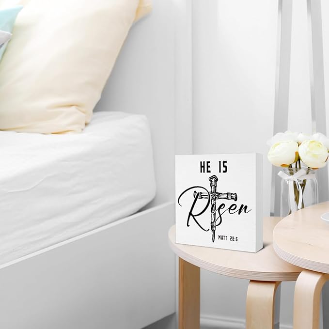 Easter Decor - Religious Gifts for Women Men - He Is Risen Matt 28:6 Wooden Sign Home Office Living Room Bedroom Kitchen Bathroom Desk Table Shelf Decor - 5 x 5 Inches