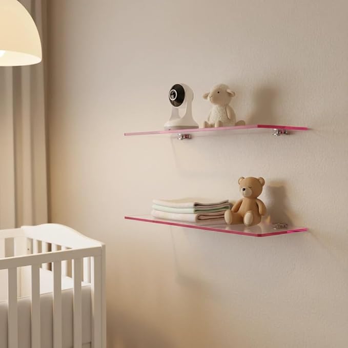 iobiotio Cute Pink Floating Shelves, 12 x 4'' Arylic Shelves for Wall, Decorative Clear Floating Shelves for Gril's Room, Bathroom, Wall Mounted, 2 Pcs