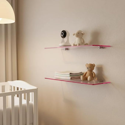 iobiotio Cute Pink Floating Shelves, 12 x 4'' Arylic Shelves for Wall, Decorative Clear Floating Shelves for Gril's Room, Bathroom, Wall Mounted, 2 Pcs