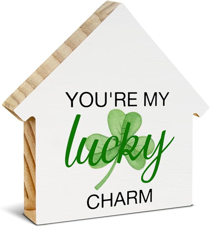 St. Patrick's Day Decor, Shamrock Decorations, Lucky Charm House Shaped Wood Block Sign, Home Decor for Desk Table Shelf, St Patricks Day Decorations