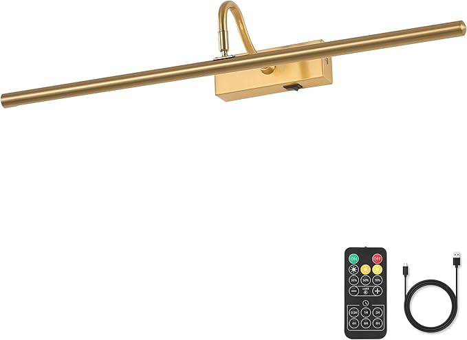 Wireless Picture Lights for Wall Rechargeable, Battery Operated Art Light for Paintings, 3CCT Dimmable 24inch Brass Finish with Remote, 10000mAh Rotatable Gallery Light for Pictures Display