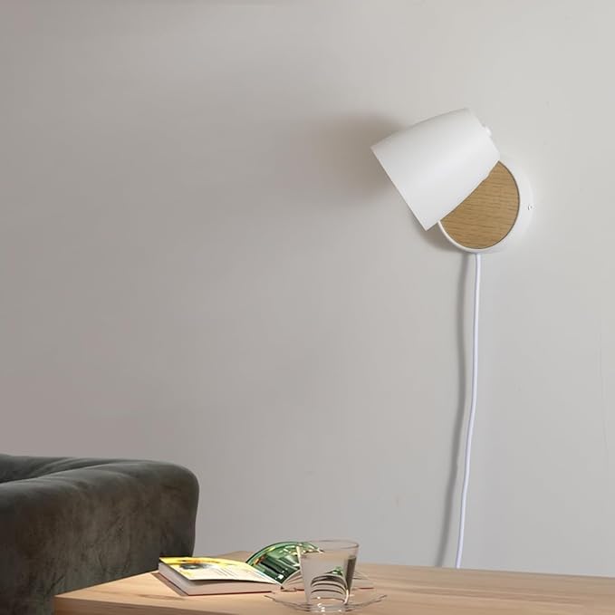 Wall Sconce Plug in,White Wall Lights for Bedroom,Modern Wood Sconces Light with 180°Rotation Metal Shade,e26 Wall Lamp with Switch for Living Room,Nightstand,Dining Room,Hallway,Corner,Stairway