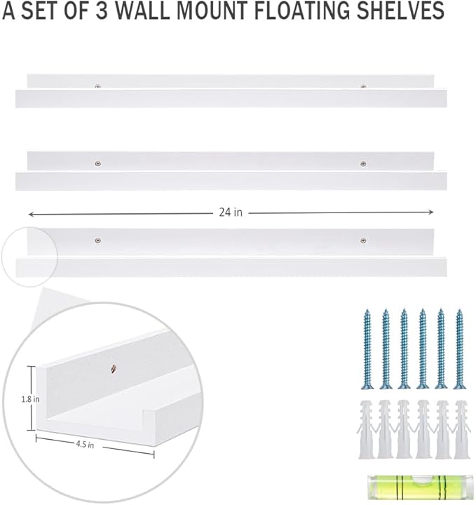 AZSKY 24 Inch Picture Ledge Shelf Floating Shelves Wall Mounted Set of 3 White