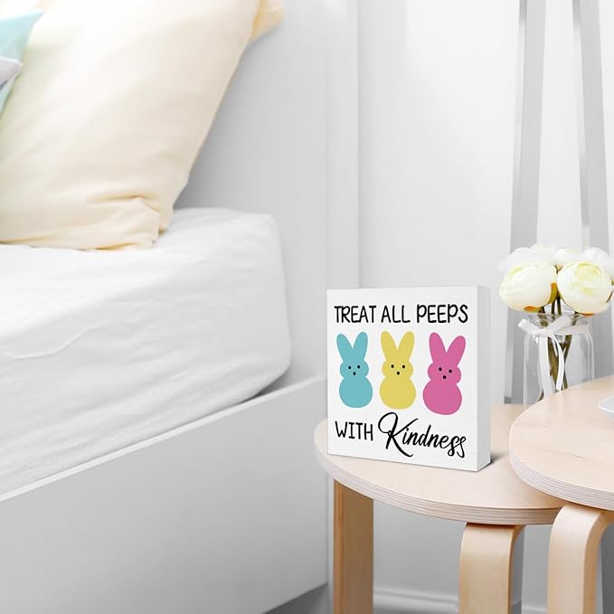 Easter Decor - Easter Decorations - Treat with Kindness Wooden Sign Home Office Living Room Bedroom Desk Table Shelf Decor - 5 x 5 Inches