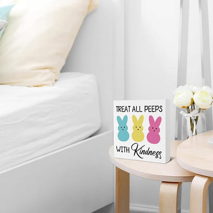 Easter Decor - Easter Decorations - Treat with Kindness Wooden Sign Home Office Living Room Bedroom Desk Table Shelf Decor - 5 x 5 Inches