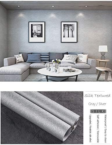 MelunMer Grey Peel and Stick Wallpaper 118In L 15.7In W Self Adhesive Removable Wallpaper for Bathroom/Bedroom Modern Contact Paper Silk Textured Silver Contact Paper for Cabinets Shelf Waterproof