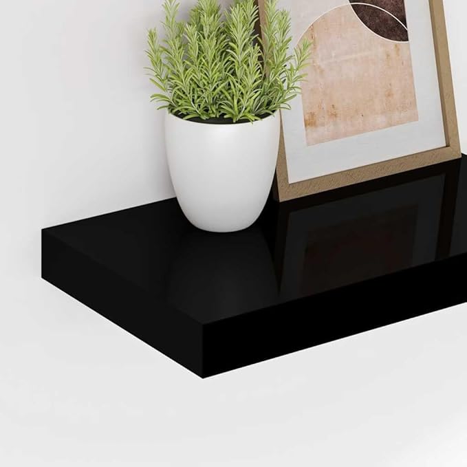 High Gloss Black Honeycomb MDF Floating Wall Shelf with Metal Brackets, 4-Piece Set for Modern Home Storage and Display, Durable and Space-Saving Design